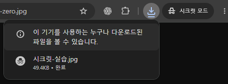 시크릿 모드 표시와 시크릿-실습.jpg 다운로드 완료 알림