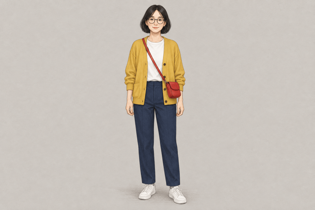검은 단발과 안경, 노란 카디건, 빨간 가방의 성인 여성 기준 이미지