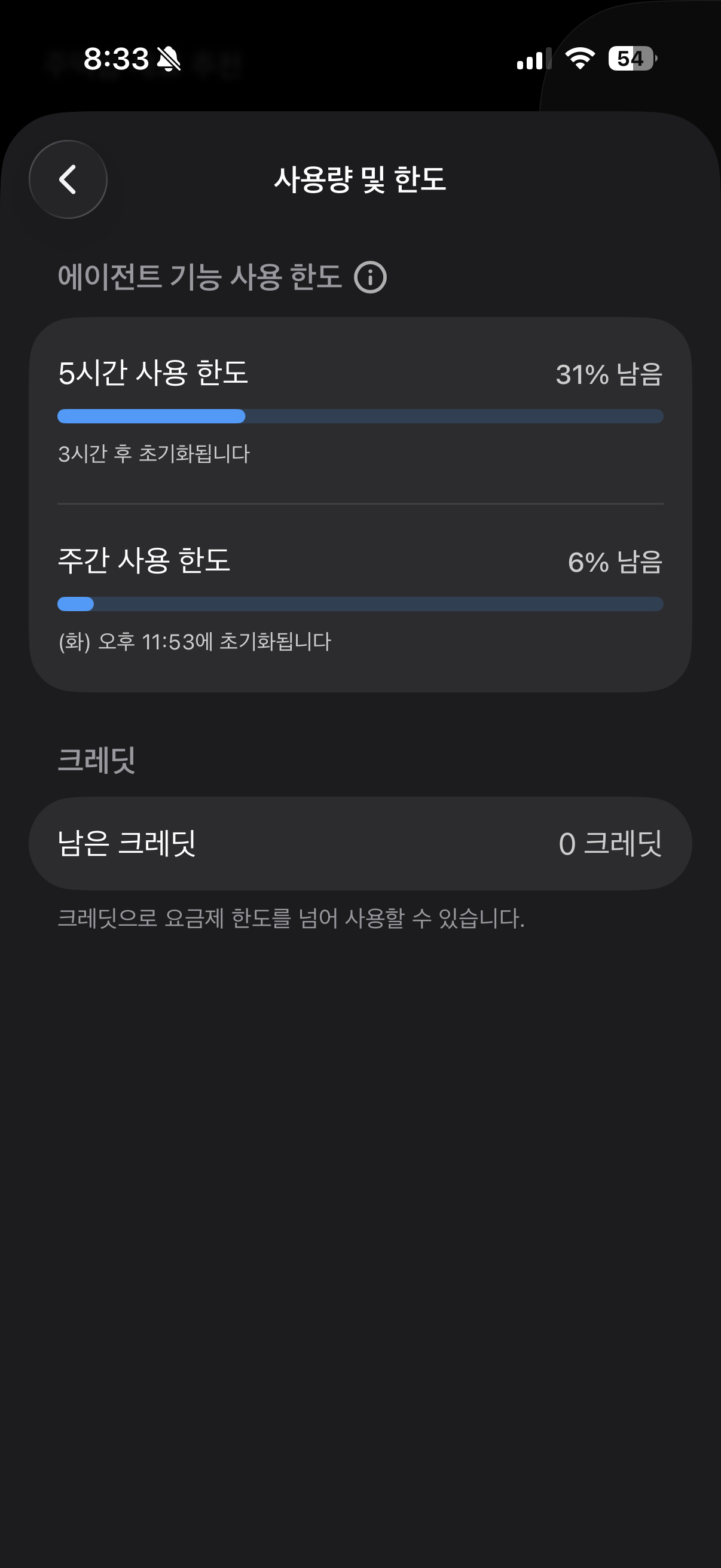 ChatGPT Plus 재구매 직후 5시간 한도 31%, 주간 한도 6%가 남은 화면