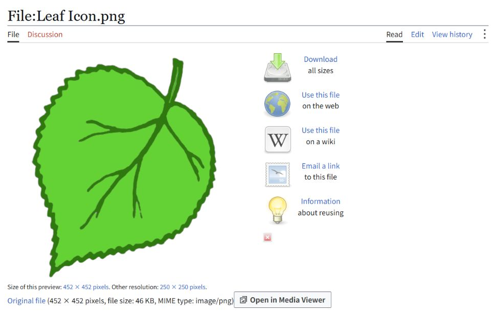 Commons Leaf Icon.png 원문에서 Original file과 PNG 형식을 확인한 화면