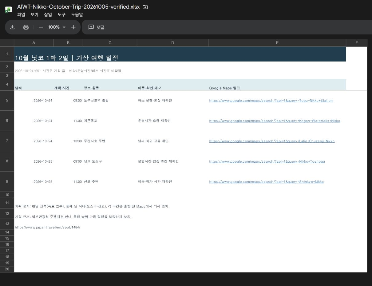 Google Drive에서 확인한 새 닛코 여행 XLSX 파일