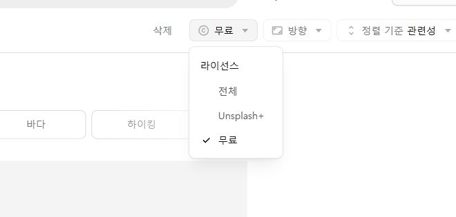 라이선스 메뉴에서 전체·Unsplash+·무료 중 무료가 선택된 실제 Unsplash 화면