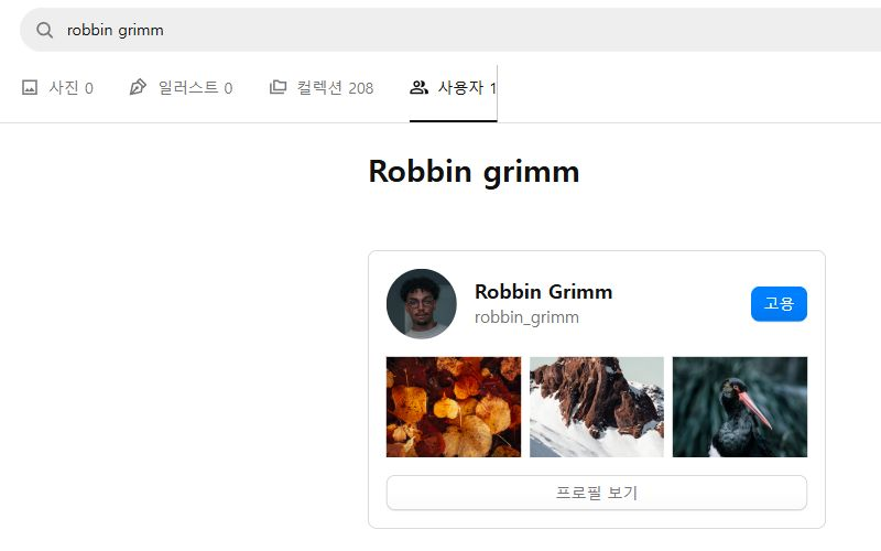 Unsplash 사용자 검색 결과의 Robbin Grimm과 robbin_grimm 프로필